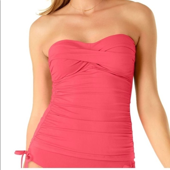 ANNE COLE Pink Sweetheart Neck Ruched Adjustable Twist Front Bandeau Swi… - Picture 1 of 5